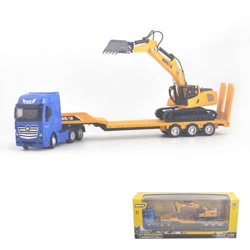 Image of Flattrailer Heavy Duty Semi Trailer Tractor Truck w / Excavator - Metal Construction Vehicle Toy for Kids