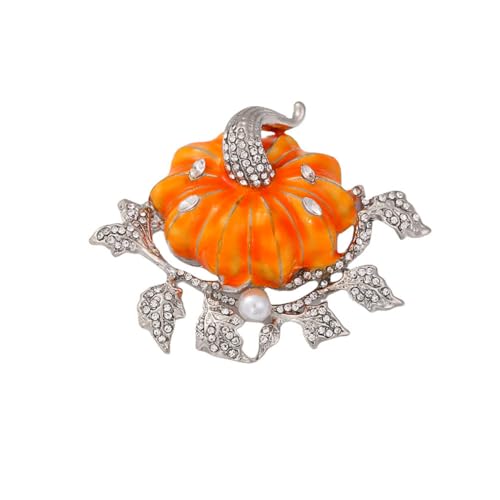 Rhinestone Autumn Pumpkin Brooch for Women Girls Fashion Enamel Halloween Thanksgiving Crystal Leaf Brooches Lapel Pins Fall Holiday Festival Party Dress Accessories Gift (Silver Orange)