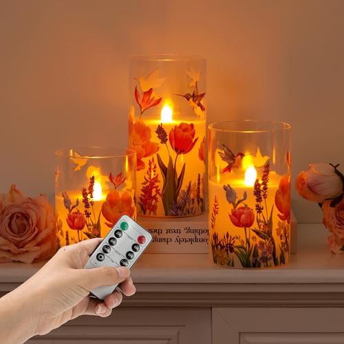 Image of Glass Flameless Candles with Remote, Hummingbird Floral Battery Operated Candles, Flickering LED Pillar Candle for Wedding, Home, Party Gift, Set of 3