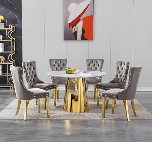 Image of 7-Piece Round Dining Table Set for 6, Modern Faux Marble Kitchen Table and Grey Velvet Chairs Set of 6, Luxury 45 inch Circle White Gold Dining Room Tables with Stainless Steel Base