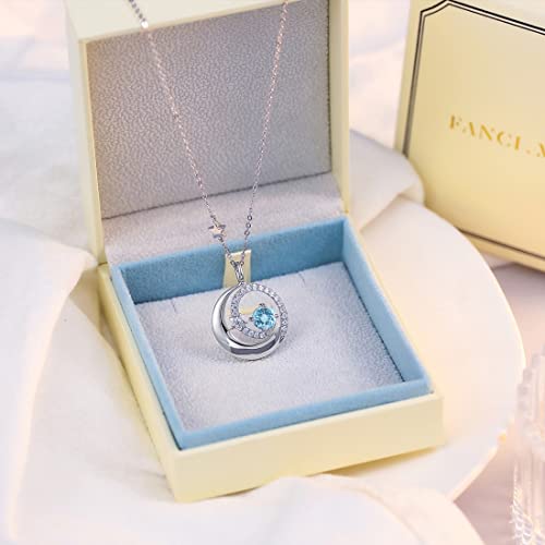 925 Sterling Silver March Birthstone Moon Star Pendant Necklaces Created Blue Aquamarine Necklace Fine Jewelry Birthday Anniversary Christmas Gifts For Women Girls Mom Daughter, Adjustable Chain 16+2" #TOP4