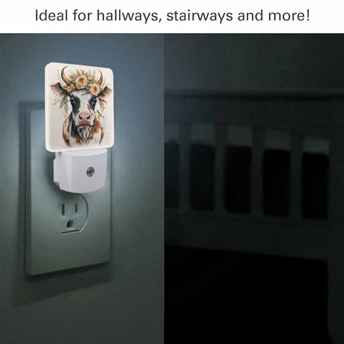 Image of LED Night Light,Garlands Cow Watercolor Painting LED Night Light Plug into Wall with Dusk to Dawn Light Sensor White Energy Efficient Nightlight for Bedroom Bathroom Hallway LivingRoom Kitchen