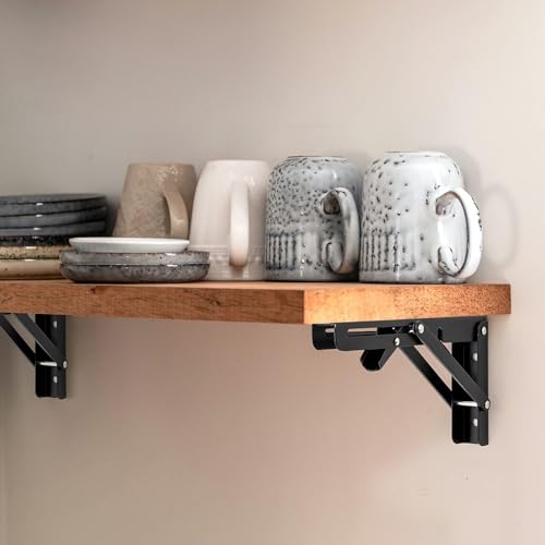 Image of Ravinte 4 Pack 16 Inch Folding Shelf Brackets - Matte Black, Heavy Duty Collapsible Brackets for Tables and Benches - Space-Saving Design