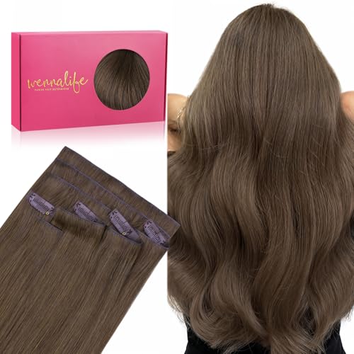 WENNALIFE Invisi Edge Real Human Hair Extensions, 18 Inch 130g 7pcs Light Ash Brown Seamless Clip in Extensions Remy Hair Clip Ins Invisible PU Skin Weft Extensiones De Cabello Hmano