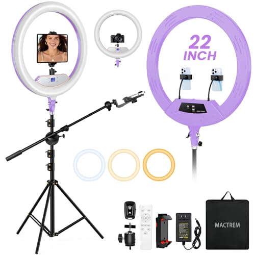 Ring Light 22inch Kit: Ring Light Tripod for iPhone ipad, with 75" Tripod/LCD Display/2 USB Ports Overhead Phone Mount for Video Recording, Zoom Meeting,YouTube,TikTok (Purple)
