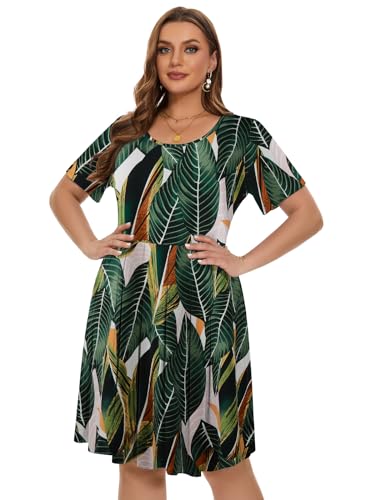 Image of LARACE Women's Plus Size Summer Dress Short Sleeve Casual Pleated Swing Midi Dresses with Pockets