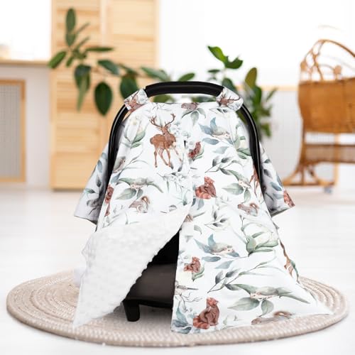 Image of TANOFAR Baby Carseat Canopy, Peekaboo Opening Car Seat Canopy for Babies, Soft and Breathable Infant Carrier Canopy, Multi-use Baby Carrier, Stroller, Nursing Cover, Minky Blanket, Animal Leaf