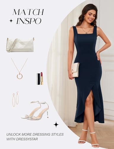 Image of Dressystar 2026 Women's Square Neck Bodycon Sleeveless Cocktail Dresses | wedding guest dresses for women, midi length, formal party dress, soft breathable stretchy material, slit ruffle hem design