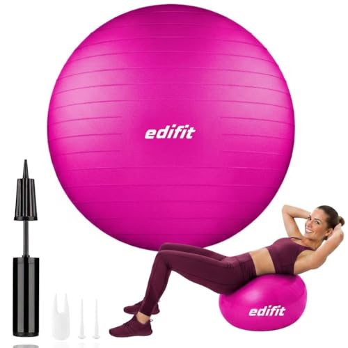 EDIFIT, Ballon Grossesse, 55, 65 et 75, Swiss Ball, Gym, Pilates, Gonfleur Inclus, Fitness Materiel, Gymnastique, Yoga Accessoires (75 cm, Rose)