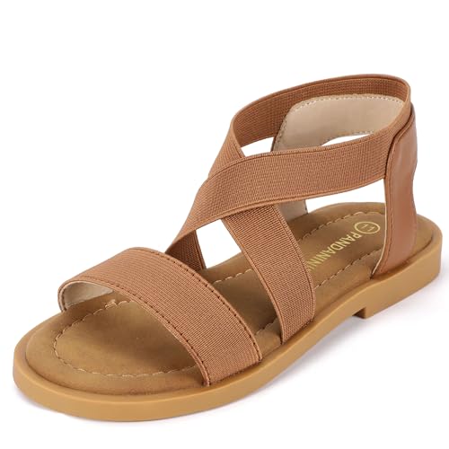 PANDANINJIA Girls Sandals Slip-on Elastic Ankle Cross Strappy Gladiator Dress Sandals Flats Summer Shoes Little Big Kids Sandals(Tan 4 M US Big Kid)
