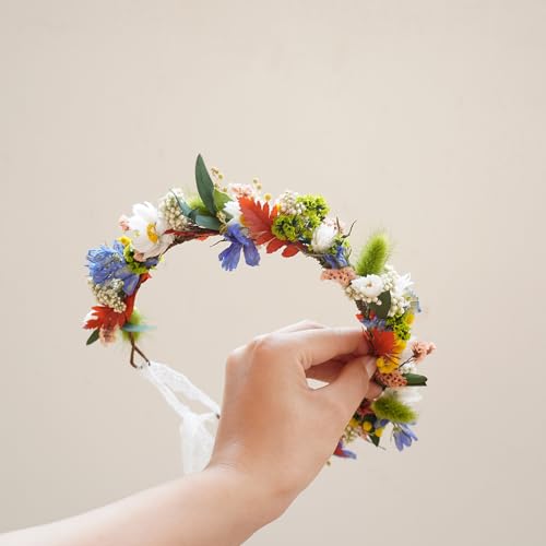 Corona boho para niña con flores secas verdes miniatura 5