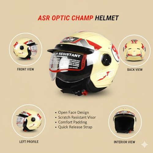 Image of ASR Junior Riders Helmet, High-Impact ABS Shell, Scratch & UV Resistant, Wide-View Visor, ISI Approved, Boys & Girls,Size-XS (Cream)