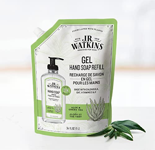 J.R. Watkins Gel Hand Soap Refill, Moisturizing Hand Wash, Alcohol-Free, Cruelty-Free, Aloe Green Tea, 34 Fl Oz, 3 Pack