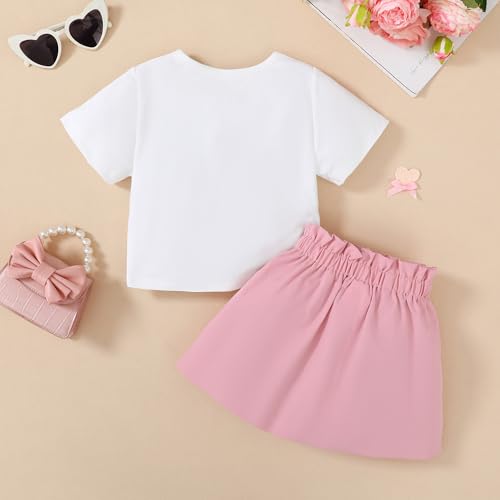 Image of Toddler Girl Clothes 2-8T Girls Skirt,White Short Sleeve Letter Print Top + Summer Short Skirt 2PCS Girls Outfits Set