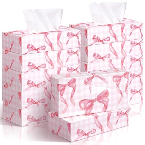 Image of Yinder 12 Packs Back to School Facial Tissue Boxes 1560 Sheets Soft Facial Tissue Bulk for Teacher Classroom School 2 Ply 130 Sheets Travel Tissues for Home Office Car Kitchen Wedding(Pink Bow)