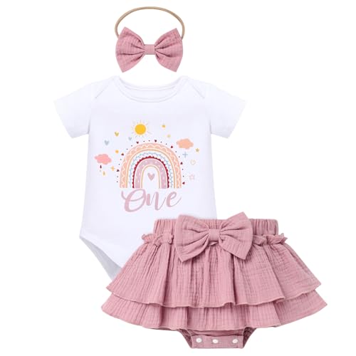 IDOPIP Baby Girls 1st Birthday Outfit Rainbow Photo Shoot Romper Tutu Skirt Headband 3 PCS Sets Infant One Year Old Ruffle Skorts Dress Up Toddler First Baptism Party Clothes Dusty Pink 12-18 Months