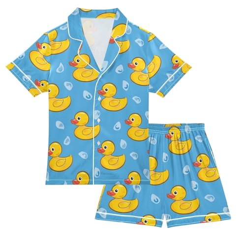 ALAZA Yellow Duck on Blue Cartoon Pajamas Satin Pajama Set Short Sleeve Button Down Sleepwear