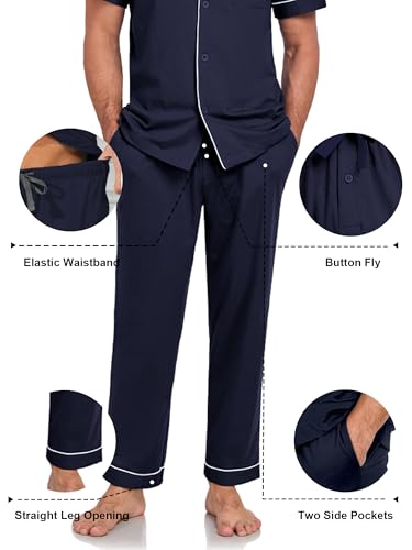Image of COLORFULLEAF 100% Cotton Mens Pajamas Set Short Sleeve Loungewear with Long Pants Button Down Sleepwear Soft Comfy Pj for Men