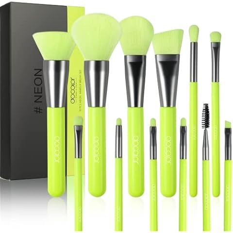 Docolor Makeup Brushes 10Pcs Premium Synthetic Kabuki Foundation Brush Blending Face Powder Blush Concealers Eye Shadows Makeup Brush Set, Neon Green… Cover