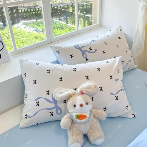 Image of Nayoroom Blue Bow Duvet Cover Queen Size Reversible Blue Duvet Cover 3 Pieces Soft Lightweight Microfiber Kids Girls Cute Aesthetic Dorm Bedding Set