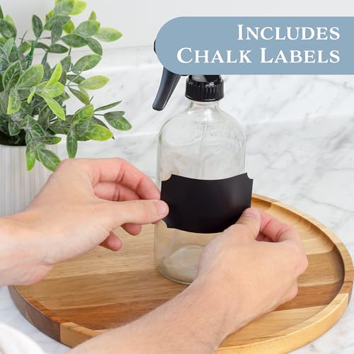 Cornucopia 16oz Clear Glass Spray Bottles w/Chalk Labels (2 Pack); Boston Round Bottles with 3-Setting Adjustable Heavy Duty Sprayers3