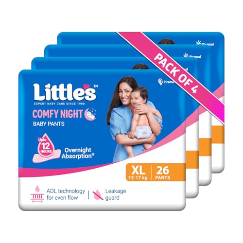Image of Little's Baby Diapers XL Size (Extra Large) Pants Style | 12-17 kg | 104 Count | Comfy Nights Baby Diaper Pants with Leakage Guard & Upto 12 Hours Absorption (26 Count, Pack of 4)