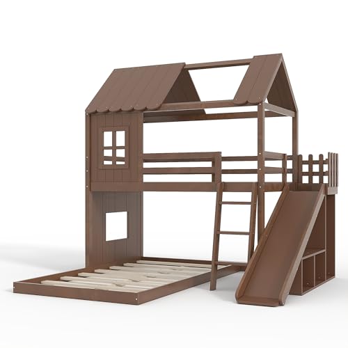 Image of Bellemave Bunk beds Twin Over Full with Slide,Ladders,Bookshelf and Wardrobe House roof Design, Low bunk /loft Bed for Kids, Deep Natural