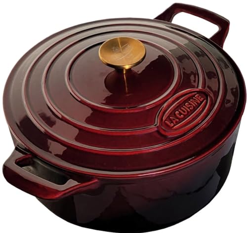 La-Cuisine-Enameled-Cast-Iron-Dutch-Oven-Casserole-Pot-with-Lid-65-QT-Matte-Black-Enamel-Interior-Cranberry-Enamel-Coating-Exterior-Gold-Plated-Stainless-Steel-Lid-Handle-Oven-Safe