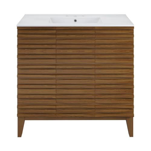 Image of Swiss Madison Cascade 36 in. Brown Oak Bathroom Vanity with White, 3-Hole Ceramic Sink Top
