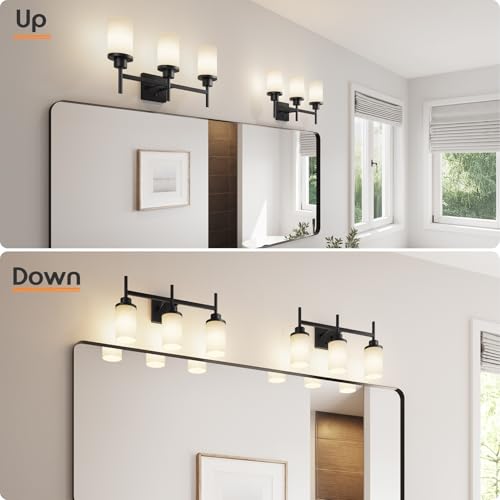 Image of Vanity Lighting Fixtures Oil Rubbed Bronze 3-Light with White Frosted Glass Shade, Wall Sconces for Bathroom Cabinet Porch Kitchen T001ORB-L3