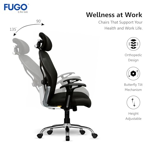 Image of FUGO FG402 Ergonomic High Back Mesh Office Chair with Korean Nylon Mesh Cushioned Seat Tilting Mechanism Adjustable 2D Headrest Lumbar Support HeavyDuty Metal Base 3Year Warranty (Black-1)