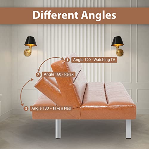 Naomi Home Zoe Futon Sofa Bed Faux Leather Futon Couch Modern Convertible Folding Sofa Bed Couch With Chrome Legs, Reclining Mini Couch, Leather Futon Small Couch For Bedroom Living Room Caramel #TOP5