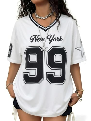 Womens Y2K Game Day Jersey Tee Oversized V-Neck NY & LA City Graphic Shirt Casual Streetwear Top White