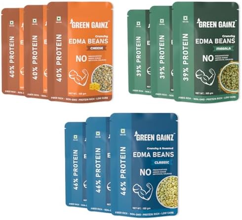 Green Gainz Roasted Edamame Assorted (Sea Salt, Masala,Cheese) (9 packs - 100gm Each) | 100% Veg High Protein Snack | No Added Sugar | Non-GMO | Rich in Fiber | No Gluten