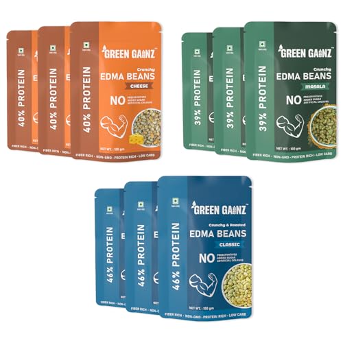 Green Gainz Roasted Edamame Assorted (Sea Salt, Masala,Cheese) (9 packs - 100gm Each) | 100% Veg High Protein Snack | No Added Sugar | Non-GMO | Rich in Fiber | No Gluten