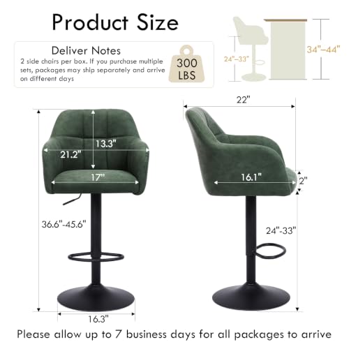Butacos ajustables de barra, juego de 4 unidades, taburetes giratorios con respaldo y brazos, altura regulable de 24'' a 33'', tapizados en cuero sintético, estilo moderno para cocina, bar o comedor, color verde miniatura 2
