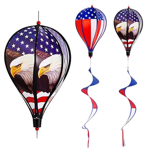 2 Pack 43-Inch Patriotic American Flag & Eagle Hot Air Balloon Wind Spinner Twister Outdoor Hanging Windmill Decor for Garden Lawn Yard Fourth of July Memorial Day and Veterans Day Decorations