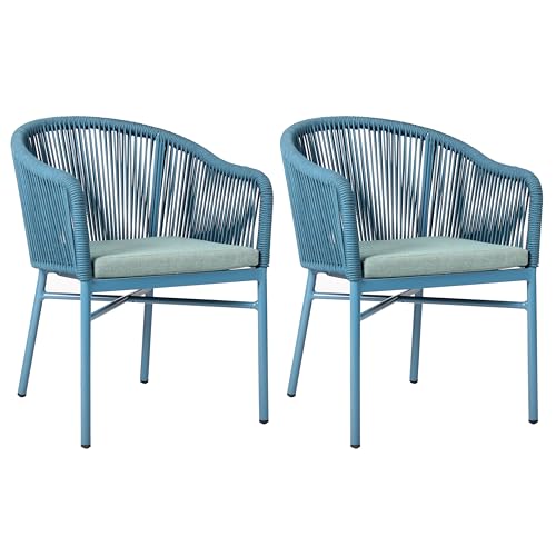 BrackenStyle Fleet Rope Arm Chairs - Rope Weave Seat with Durable Metal Frame - Comfy Seat Cushion Included (Set of 2, Blue)