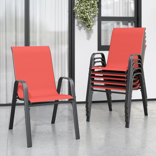 Image of Patio Chairs Set of 6, Stackable Outdoor Dining Chairs for All Weather Textilene Fabric & Metal Frame, Outdoor Chairs Set for Backyard Deck Garden
