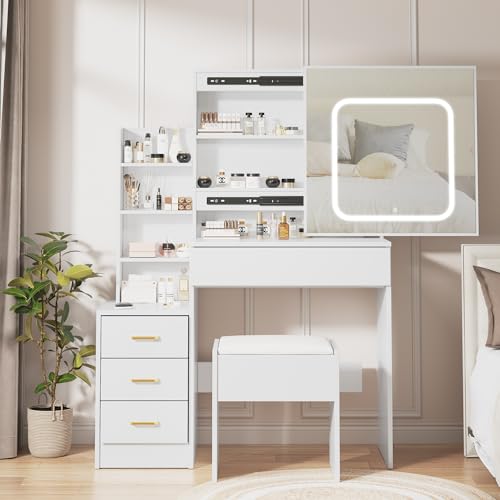 Vanity Desk with Sliding Mirror and Lights, Makeup Vanity Set with 4 Drawers, Stool, Power Outlet, Open Shelves, 3 Color Adjustable Lighting Modes, Makeup Dressing Table for Bedroom, White