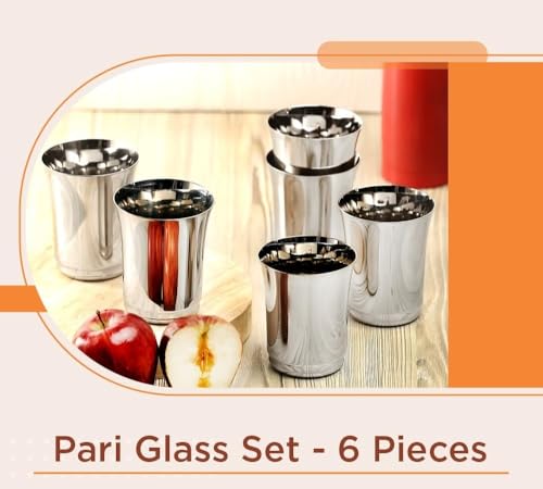 Image of Glass Set | Premium Heavy Guage | Silver Mirror Polish | Break Resistant | Gifting Item | 350ml | Set of 6 (Pari Polished)
