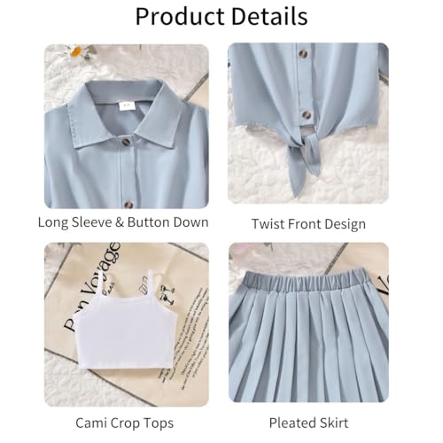 Image of HIHA Girls 3 Piece Outfit Cami Crop Tops Skirt Set with Button Down Shirts Size 6-12