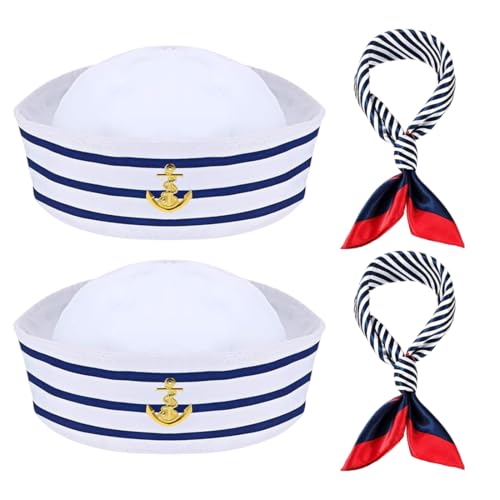 OUDQFCJ Conjunto de 2 gorros e 2 lenços listrados de marinheiro para homens e mulheres, disfarce de mulher, gorro e acessórios de marinheiro para festas, chapéus, iates, carnaval, temáticos