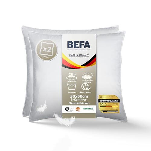 BEFA NATUR Daunenkissen 50x50 cm (2 Stück) | 3-Kammer Kopfkissen | 90% Daunen & 10% Federkissen | je 550g Füllgewicht | Allergiker (NOMITE) | Tierwohl (DOWNPASS) | Oeko-TEX Klasse 1 | Made in Germany
