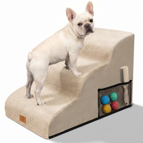 MASTERTOP Escaliers pour Chiens à 3 Marches en Mousse Haute Densité, Échelle Large pour Animaux de Compagnie, Marche pour Chien Antidérapant avec Housse...