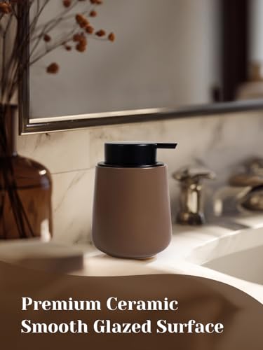 Autumnlife Seifenspender Keramik, Matt Braun Spülmittelspender Küche Seifenspender mit Groß Pumpenkopf, Nachfüllbar Flüssigseifenspender für Handseife,Shampoo,Duschgel,Küche,Bad - 350ml 5