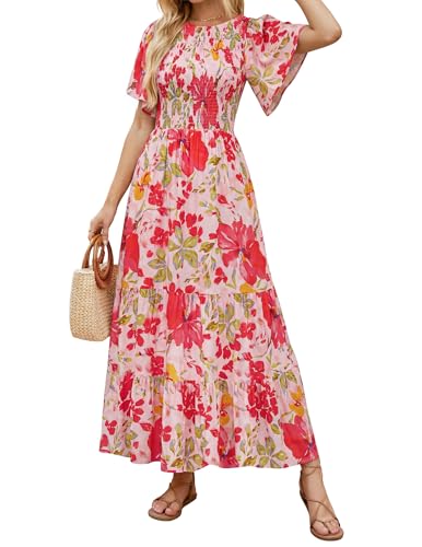 Image of ZESICA Women's 2026 Summer Boho Floral Maxi Dresses Casual Short Flutter Sleeve Smocked Tiered Flowy Dress