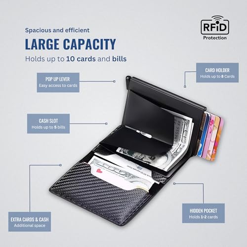 AirTag Wallet for Men: Slim, Compatible with Apple Air Tag, RFID Blocking Technology, Pop Up Aluminum Case, Minimalist | 8-10 Credit Card Capacity | Cash Slot (AirTag Not Included) (Carbon Fiber)3