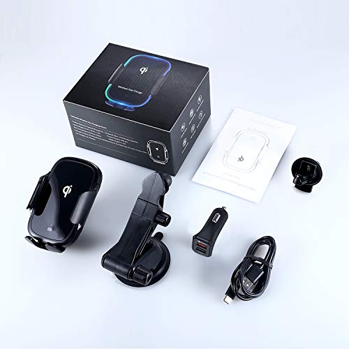 KLT Wireless Car Charger Mount 15W Qi Fast Charging Auto-Clamping Windshield Dash Air Vent Car Phone Holder Compatible with iPhone 12 Pro/XS/X/XR, Samsung S10/S9/S8/S8+