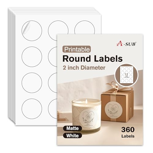 A-SUB 2" Round Label Stickers for Inkjet or Laser Printer, Matte White, 360 Printable Circle Stickers for Custom Logo, Thank You Labels